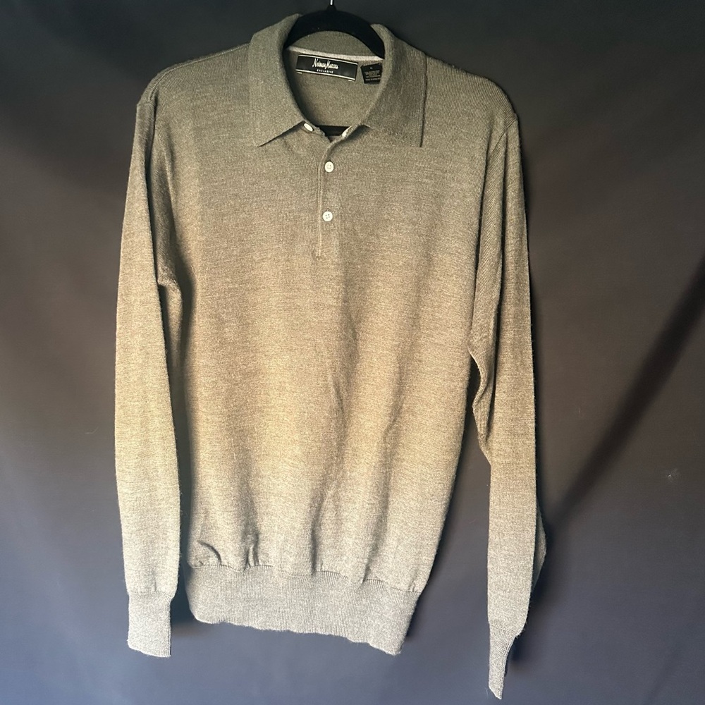 Neiman Marcus Sweater Olive Green Herringbone Merino Wool Blend VTG